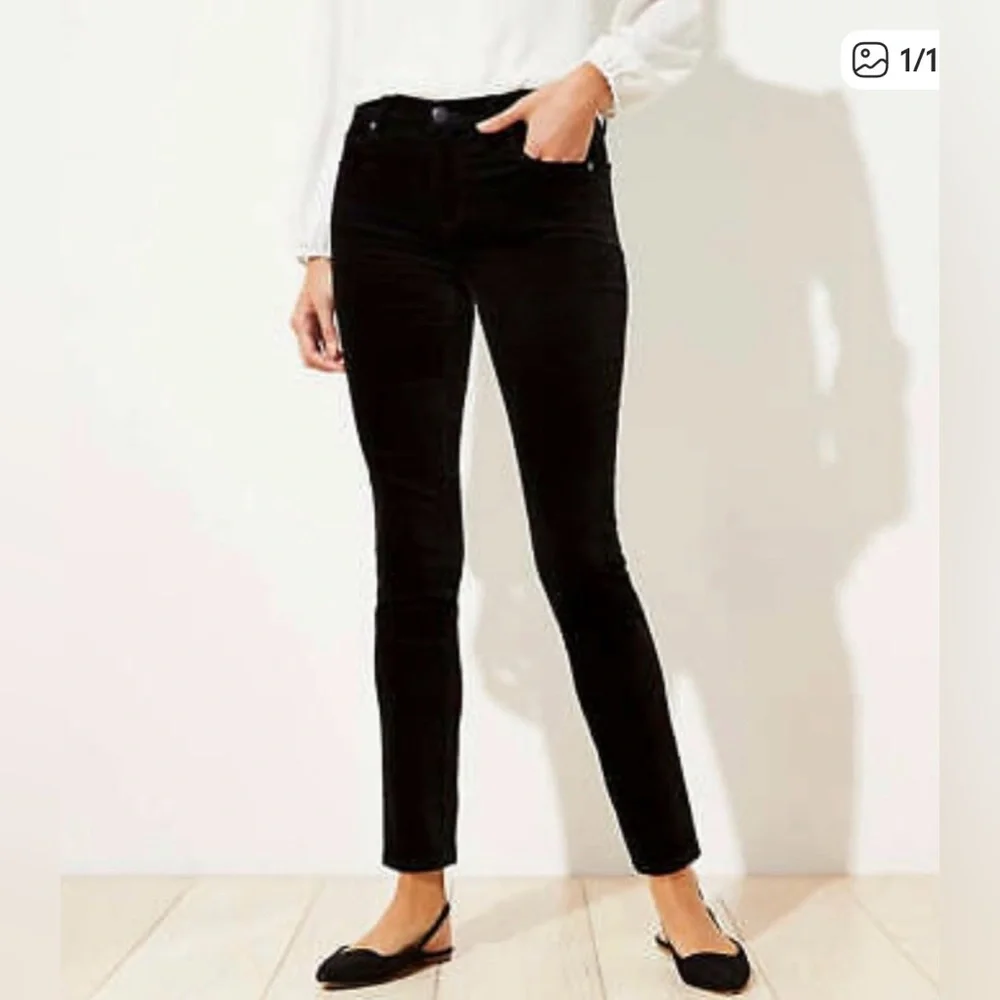 LOFT Black Velvet Slim Fit Pants - Picture 2 of 16